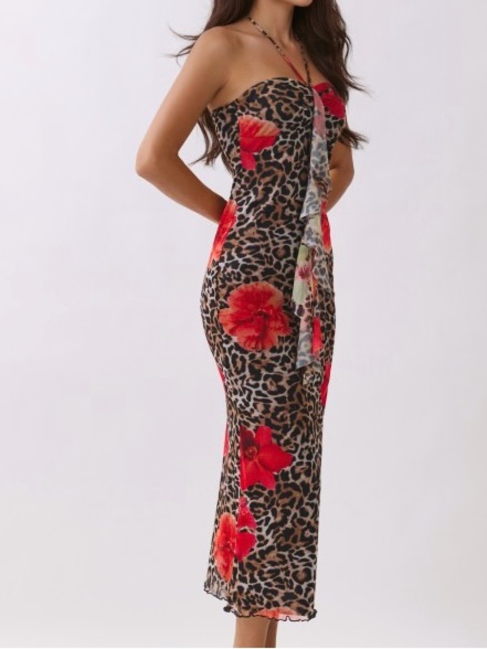Strapless Red Floral Leopard Ruffle Midi Dress - Picture 3 of 6